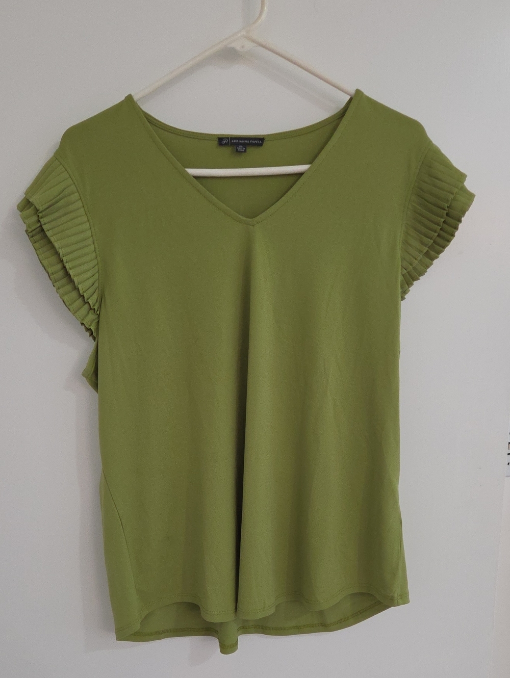 Olive Green V-Neck Top with Pleated Short Sleeves